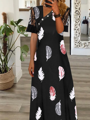 Casual Asymmetrical Collar Feather Pattern Printed Loose Dress