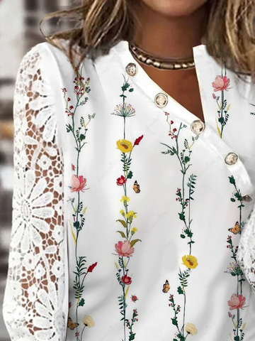 Asymmetrical Collar Jersey Floral Printed Casual Patchwork lace Shirt