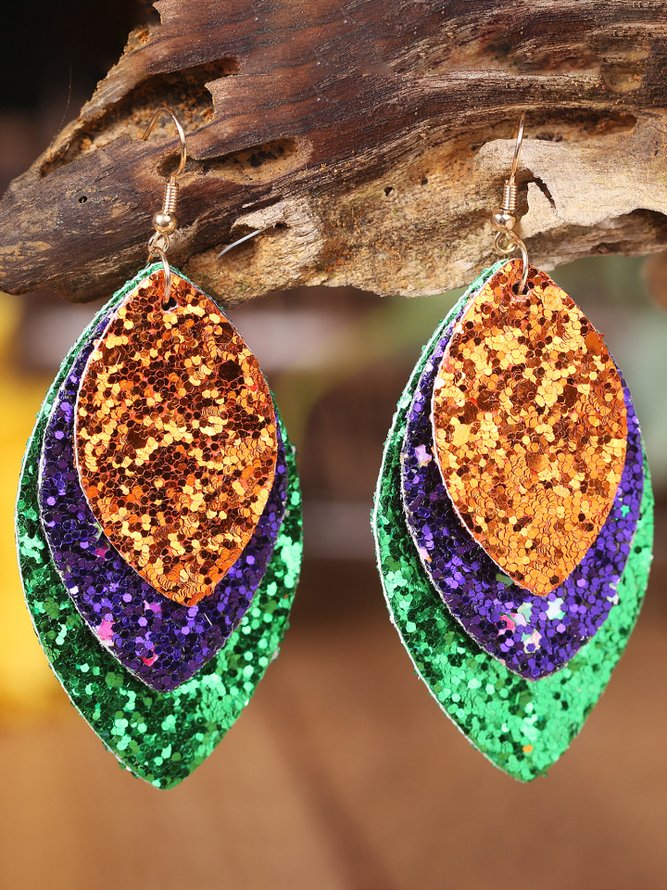 Mardi Gras Tricolor Leaf Shiny Leather Earrings Party Jewelry
