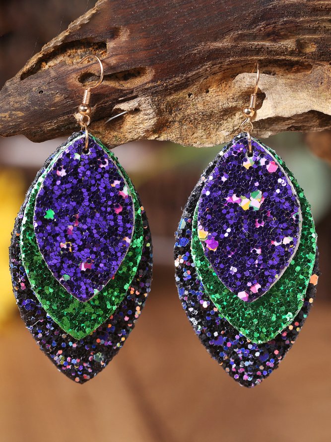 Mardi Gras Tricolor Leaf Shiny Leather Earrings Party Jewelry
