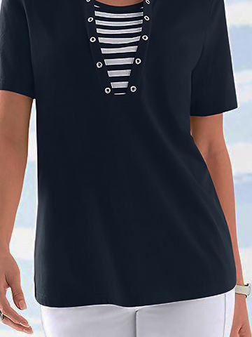 Buckle Notched Striped Color Block Short Sleeve Casual Tunic Shirt