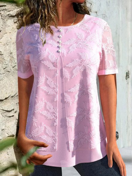 Lace Casual Crew Neck Loose Shirt
