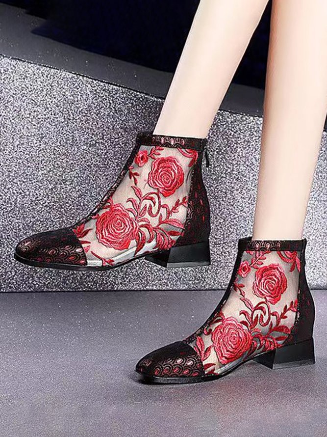 Vintage Embroidered Floral Lace Stitching Dress Sandal Boots