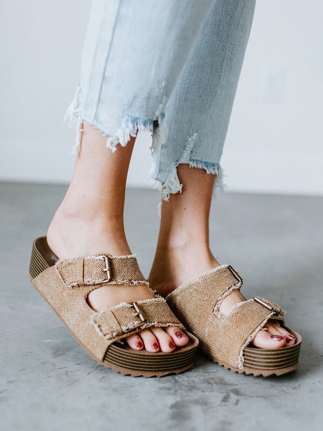 Double Buckle Casual Fringe Decor Canvas Platform Slide Sandals