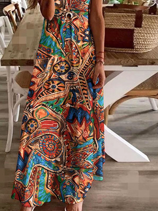 Ethnic Printed Casual V Neck Loose Dress