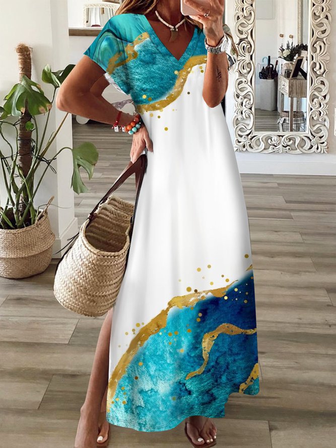 V Neck Jersey Casual Abstract Printed Dress