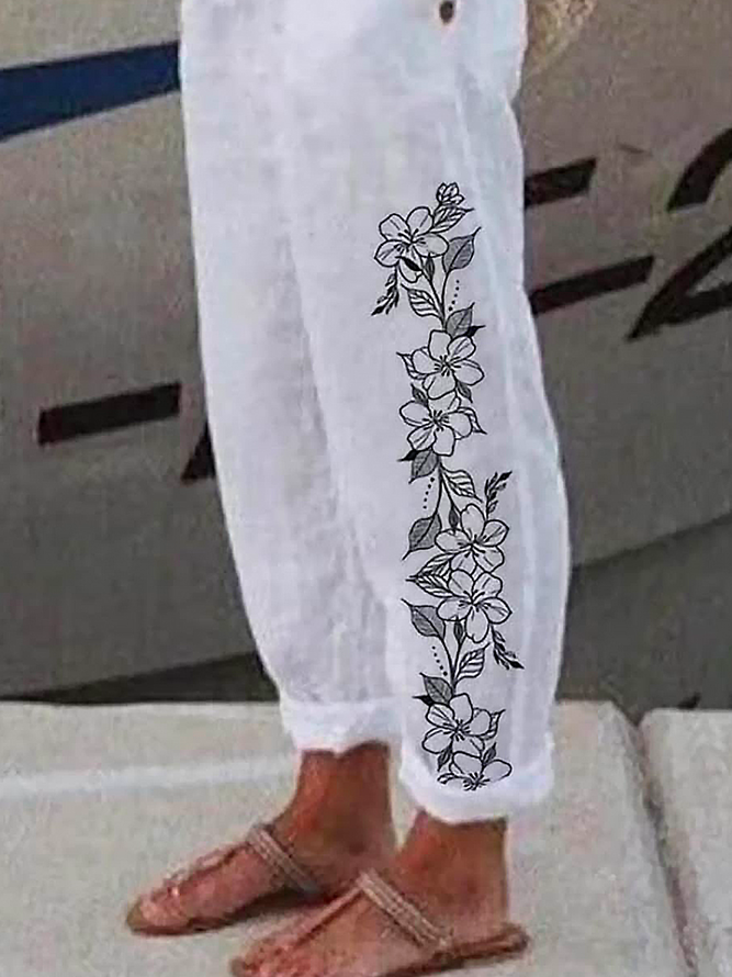 White And Black Floral Loose Casual Pants