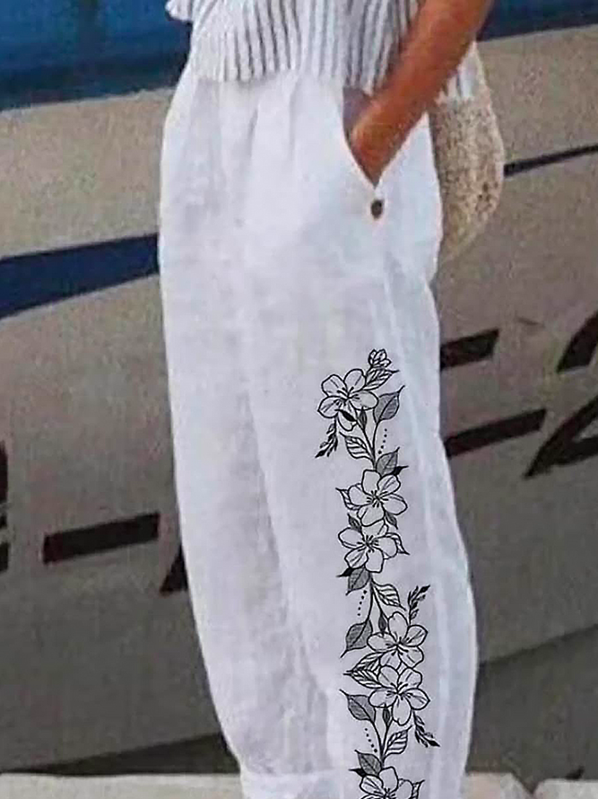 White And Black Floral Loose Casual Pants