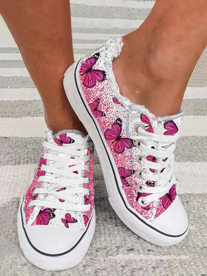 Pink Butterfly Pattern Casual Flats Canvas Shoes