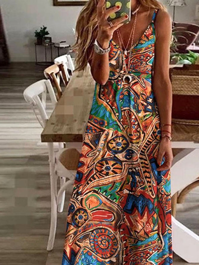 Ethnic Printed Casual V Neck Loose Dress