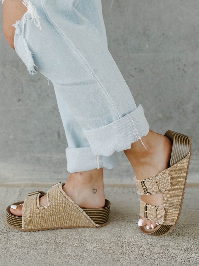 Double Buckle Casual Fringe Decor Canvas Platform Slide Sandals