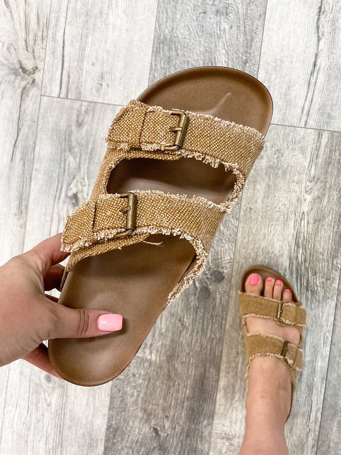 Double Buckle Casual Fringe Decor Canvas Platform Slide Sandals