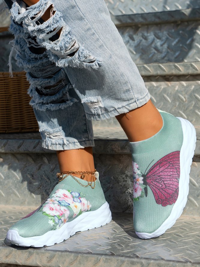 Butterfly Floral Printed Slip On Sports Flyknit Sneakers