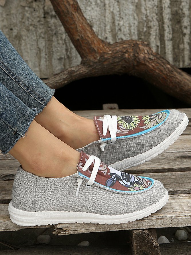 Sunflower Pattern Color Block Casual Boat Shoes