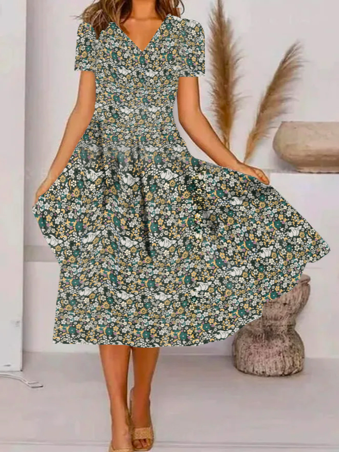 V Neck Regular Fit Casual Floral Dress