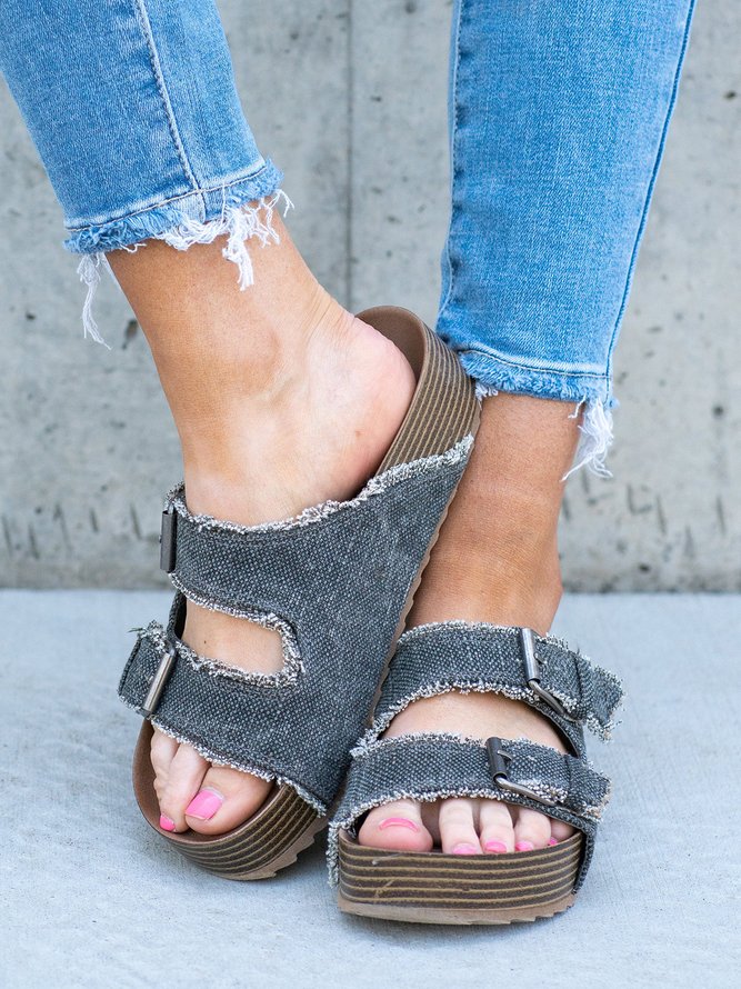 Double Buckle Casual Fringe Decor Canvas Platform Slide Sandals