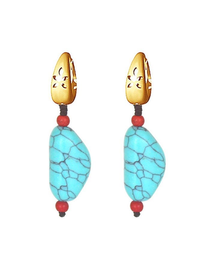 Natural Turquoise Cutout Flower Pattern Earrings Ethnic Vintage Jewelry