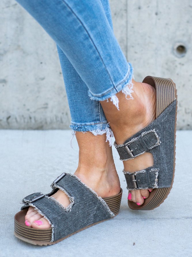 Double Buckle Casual Fringe Decor Canvas Platform Slide Sandals