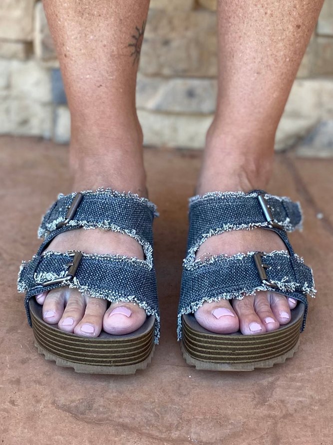 Double Buckle Casual Fringe Decor Canvas Platform Slide Sandals