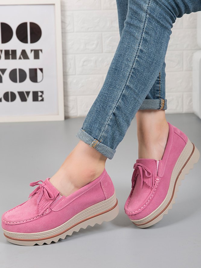 Leather Suede Tassel Bow Classic Wedge Platform Shoes