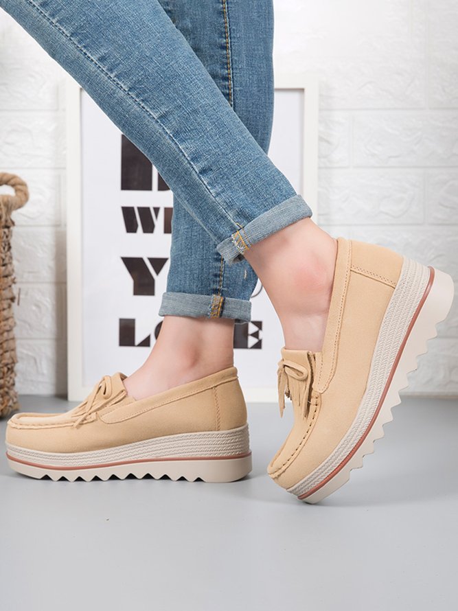 Leather Suede Tassel Bow Classic Wedge Platform Shoes