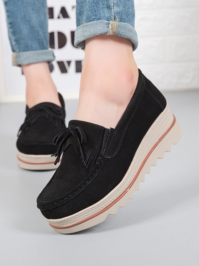 Leather Suede Tassel Bow Classic Wedge Platform Shoes