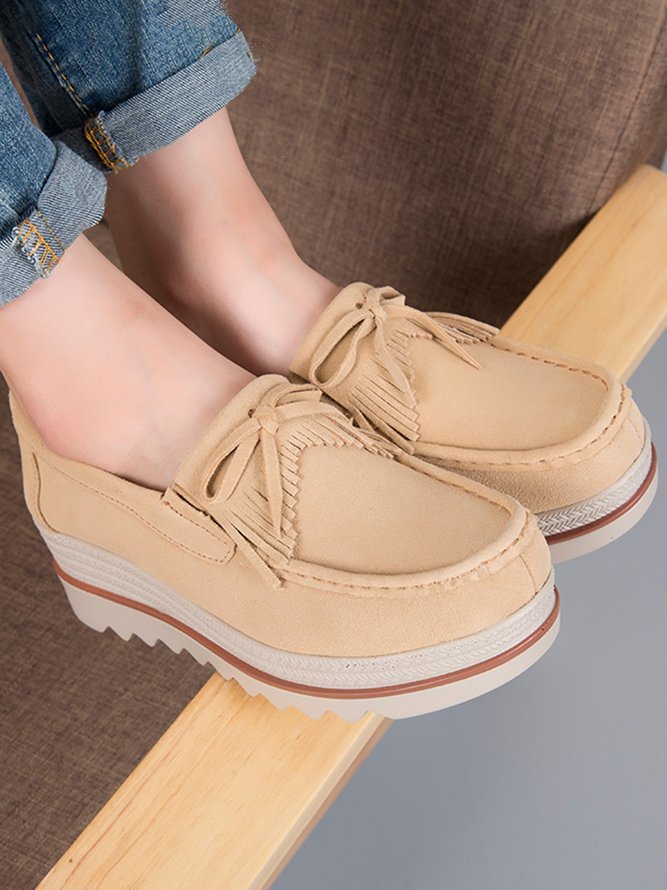 Leather Suede Tassel Bow Classic Wedge Platform Shoes