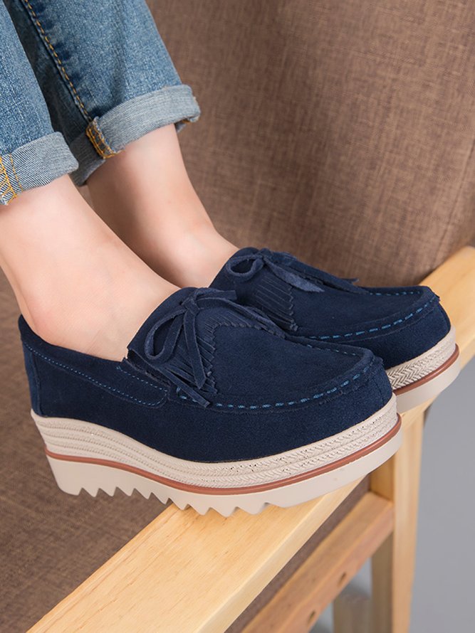 Leather Suede Tassel Bow Classic Wedge Platform Shoes