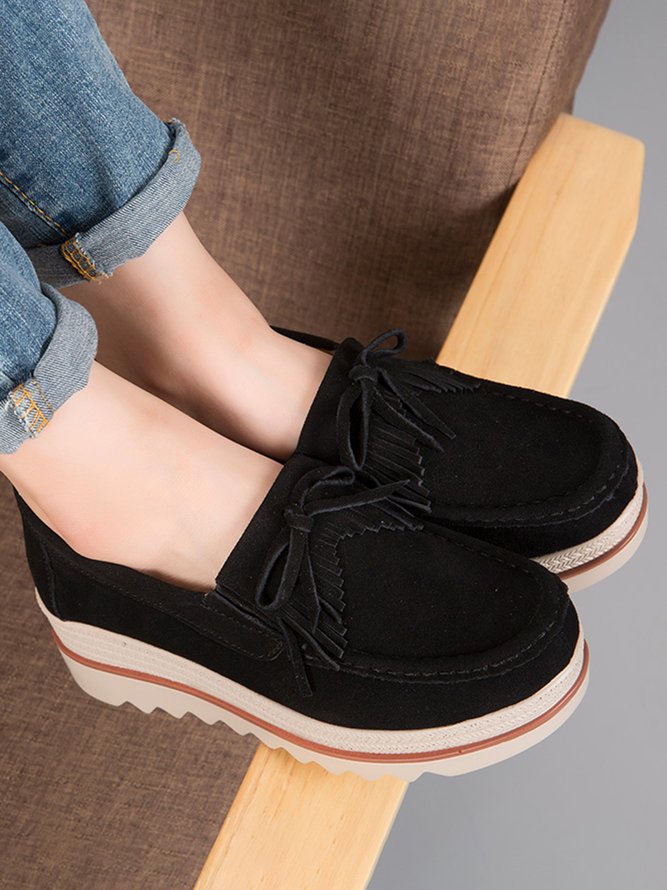 Leather Suede Tassel Bow Classic Wedge Platform Shoes