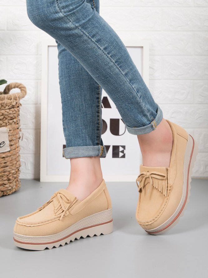 Leather Suede Tassel Bow Classic Wedge Platform Shoes