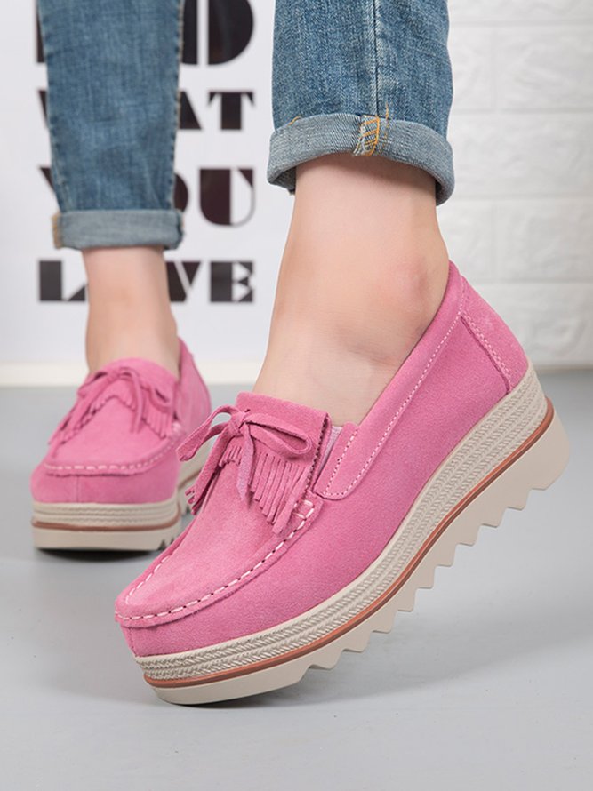 Leather Suede Tassel Bow Classic Wedge Platform Shoes