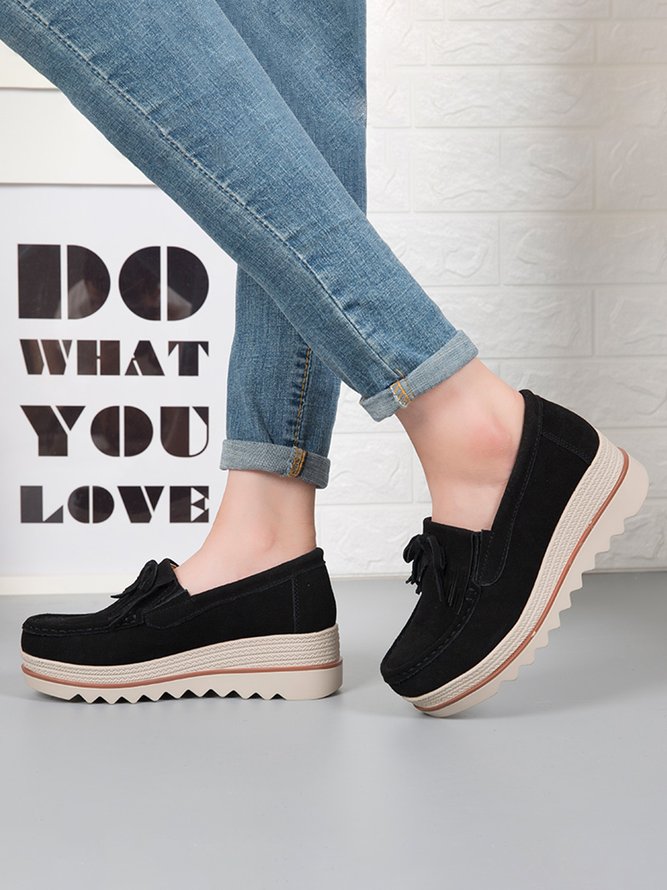 Leather Suede Tassel Bow Classic Wedge Platform Shoes