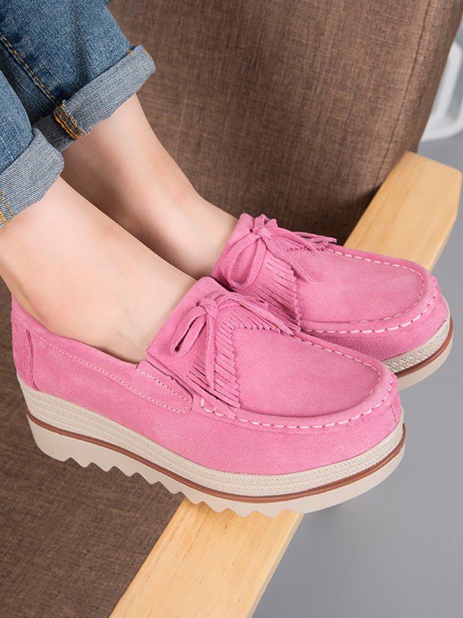 Leather Suede Tassel Bow Classic Wedge Platform Shoes
