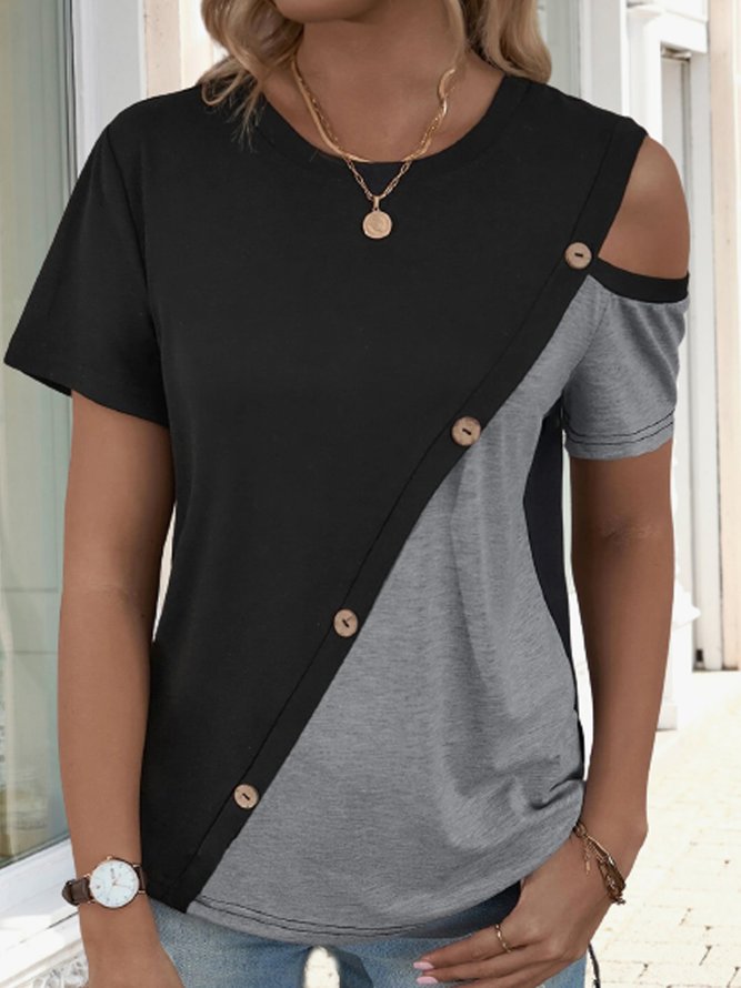 Buckle Color Block Casual Jersey T-Shirt