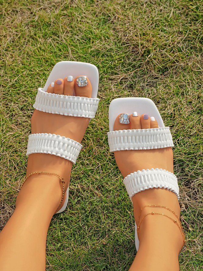 White Pleated Double Strap Sandals