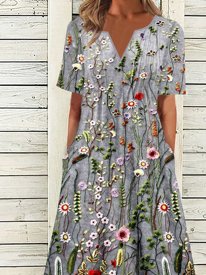 Notched Floral Printed Casual Jersey Dress