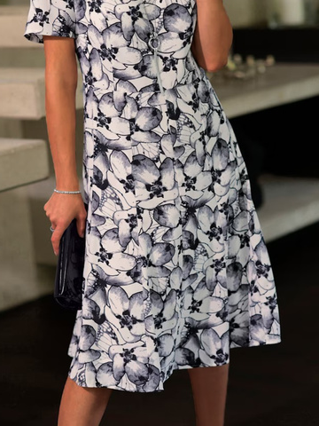 Floral Short Sleeve Casual Crew Neck Midi Dress
