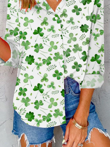 St. Patrick's Day Shirt Collar Casual Four-Leaf Clover Loose Buttoned Blouse