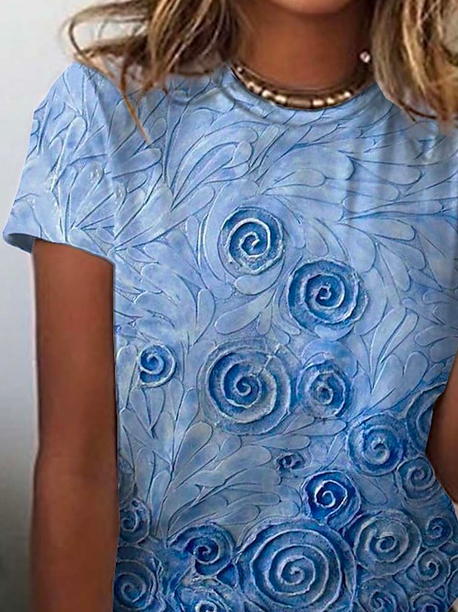 Blue Floral Casual Crew Neck T-Shirt