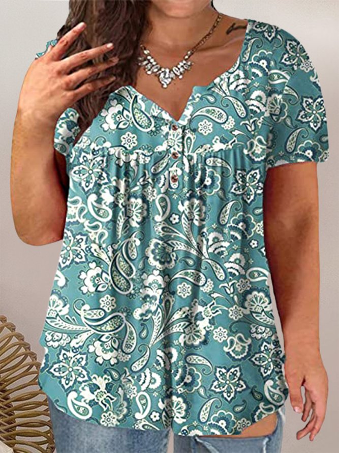 Plus Size Half Open Collar Casual Paisley Blouse