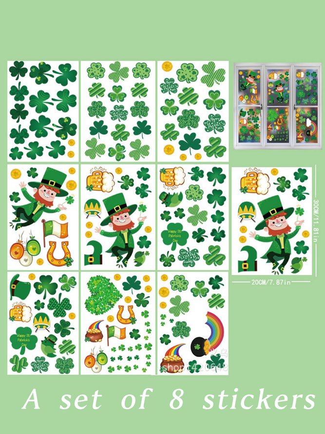 St. Patrick's Day Green Shamrock Window Stickers Set of 8