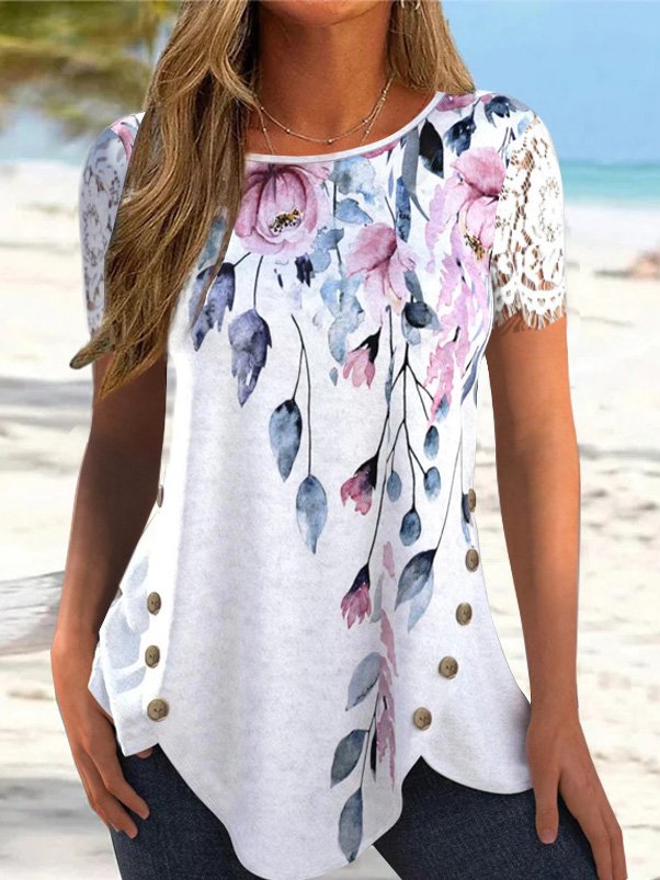 Casual Jersey Crew Neck Floral Shirt
