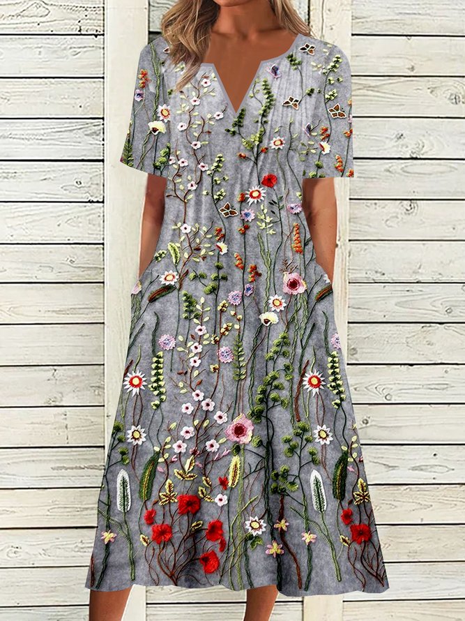 Notched Floral Printed Casual Jersey Dress