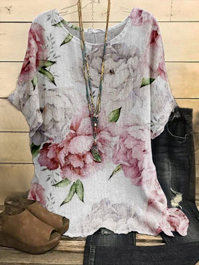 Plus Size Casual Crew Neck Floral Loose Shirt