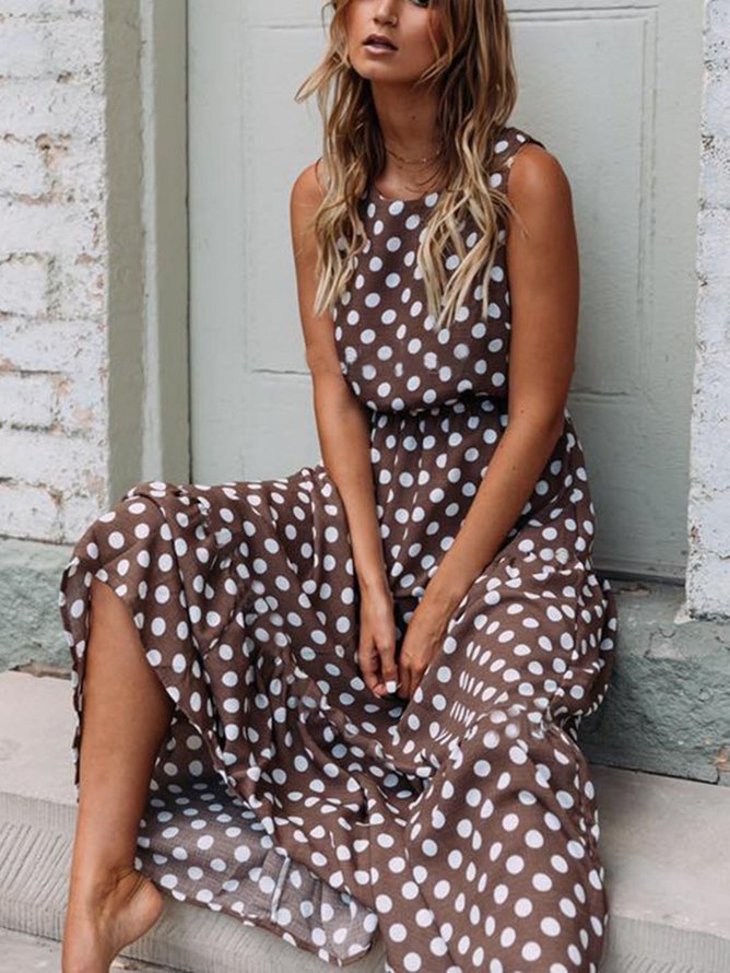 Plus Size Round Neck  Polka Dots Casual Weaving Dress