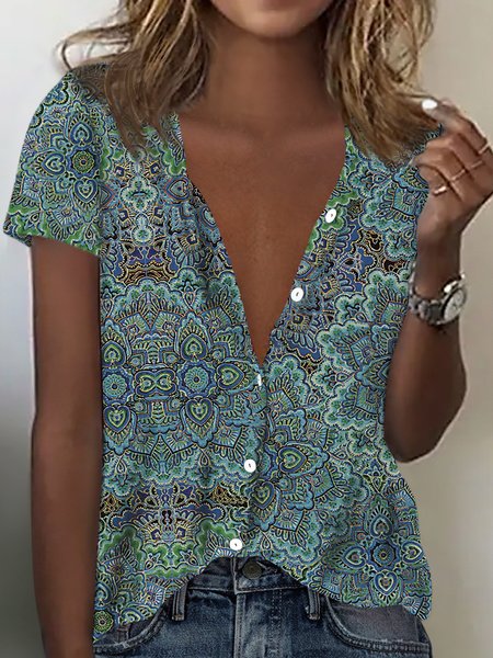 Plus Size Casual Tribal Geometric Shirt Collar Loosen Blouse