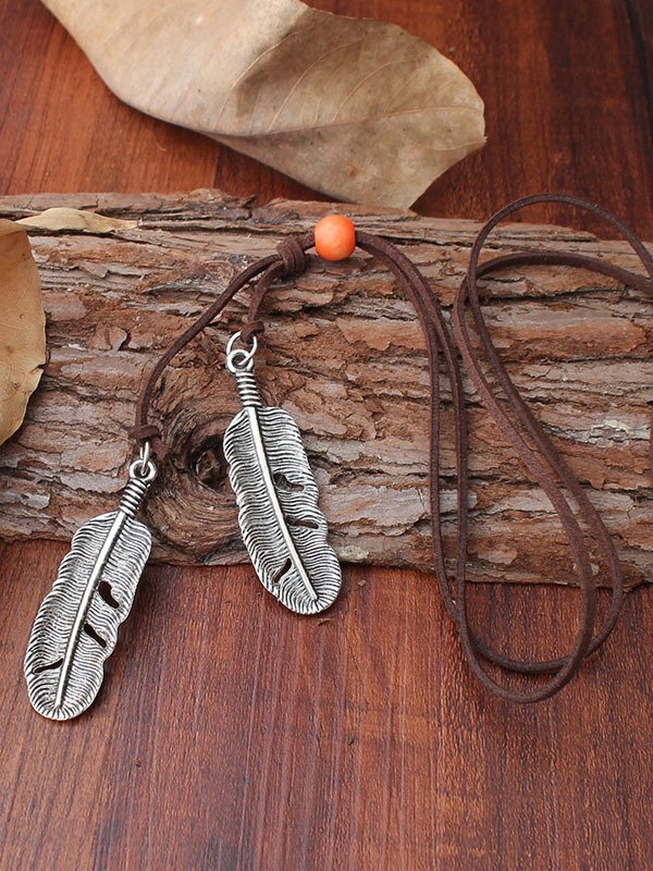 Ethnic Feather Pattern Pendant Leather Necklace Vintage Western Jewelry