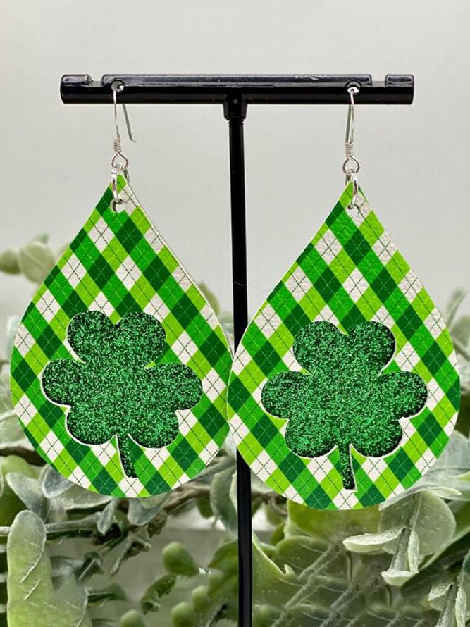 St. Patrick's Day Clover Plaid Leather Earrings Holiday Party Jewelry Irish Festival