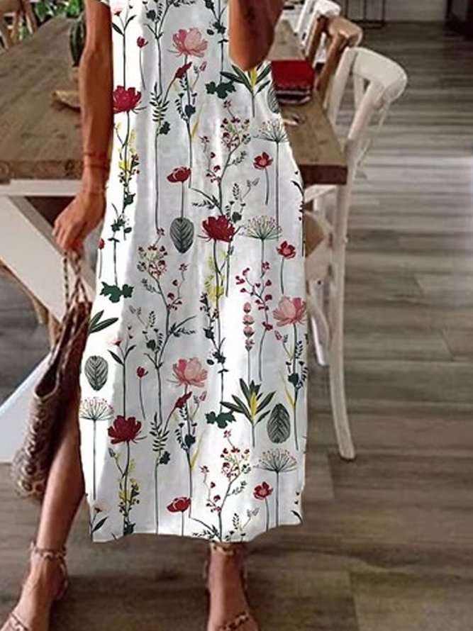 Jersey Floral Printed Casual V-neck Loose Dress