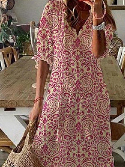 Plus Size V Neck Loosen Tribal Floral Boho Short sleeve Woven Dress
